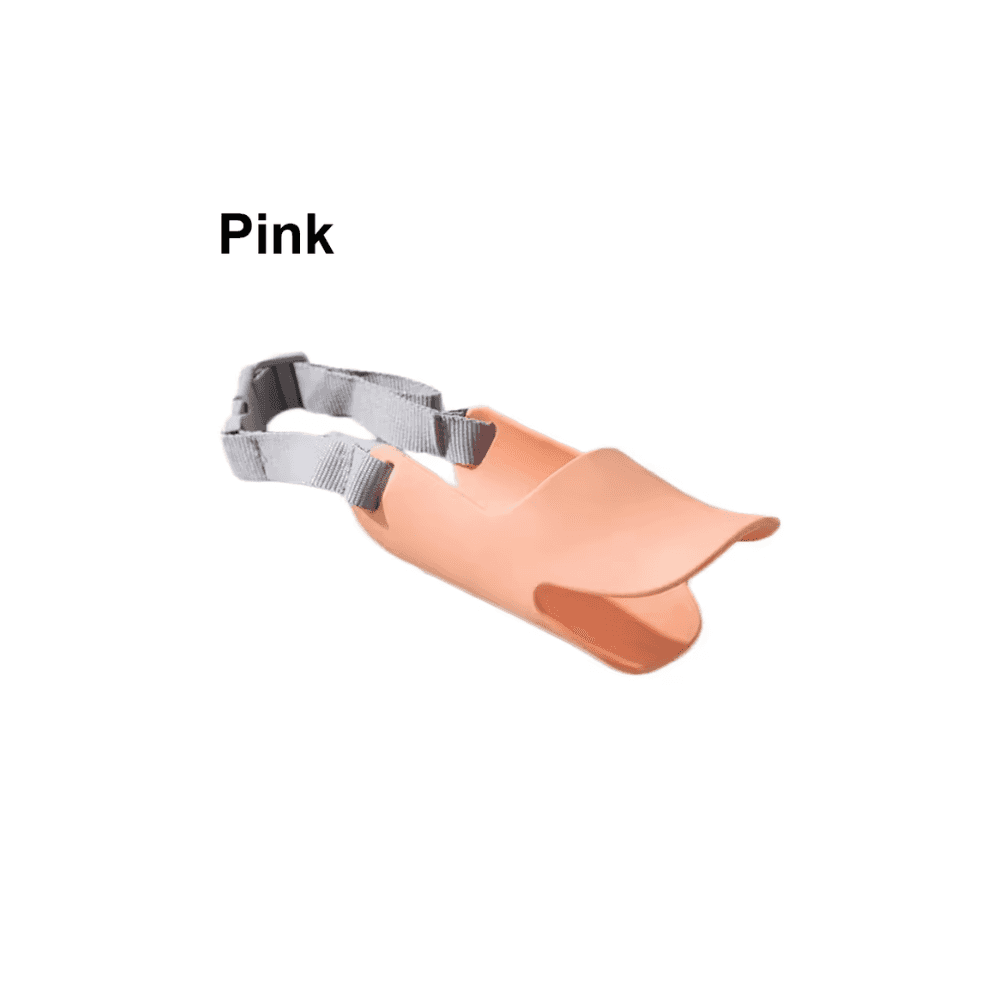 Dogs Anti Bite Stop pink muzzle with adjustable strap. Soft silicone design offers gentle bite prevention for small dogs.