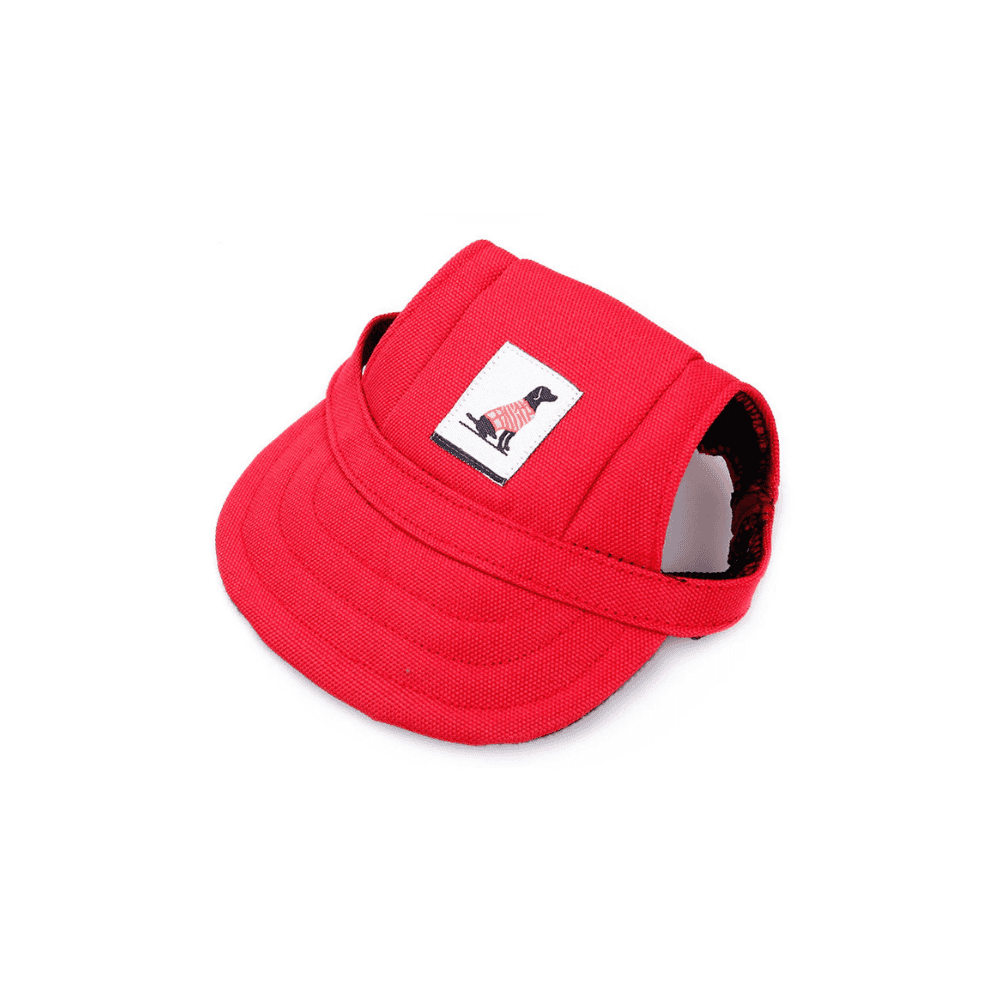 Red Dog Sun cap with logo patch and curved brim, stylish and protective headwear in pet apparel category.
