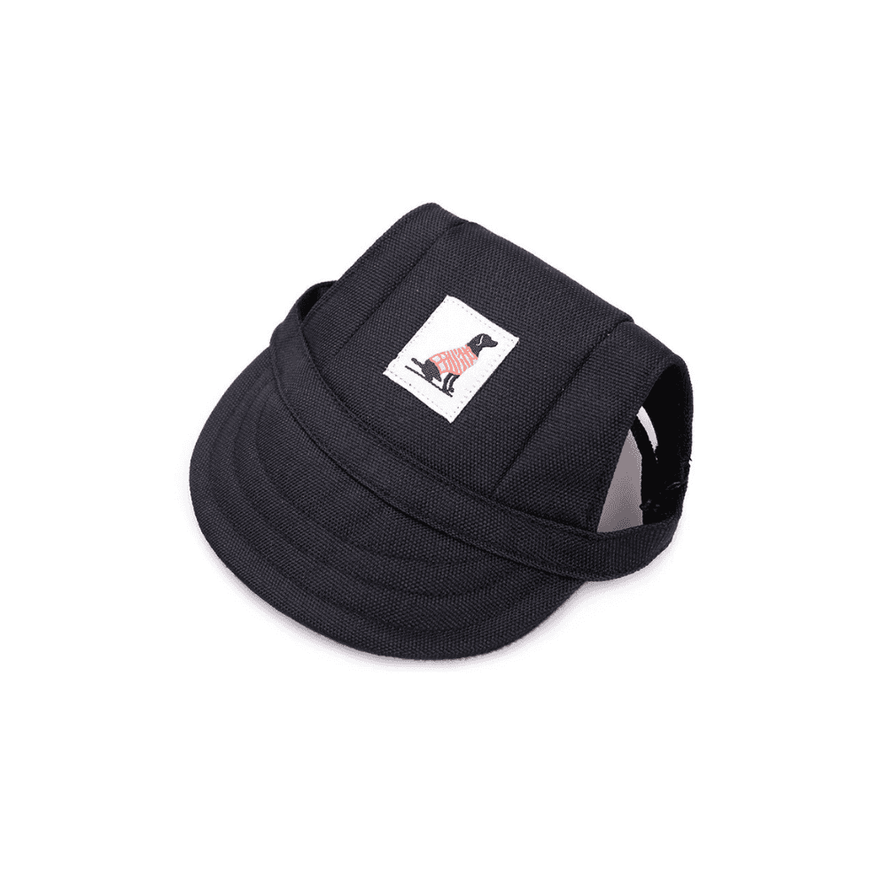 Black Dog Sun cap with minimalist design and ear cutouts, sleek pet apparel for sun protection.