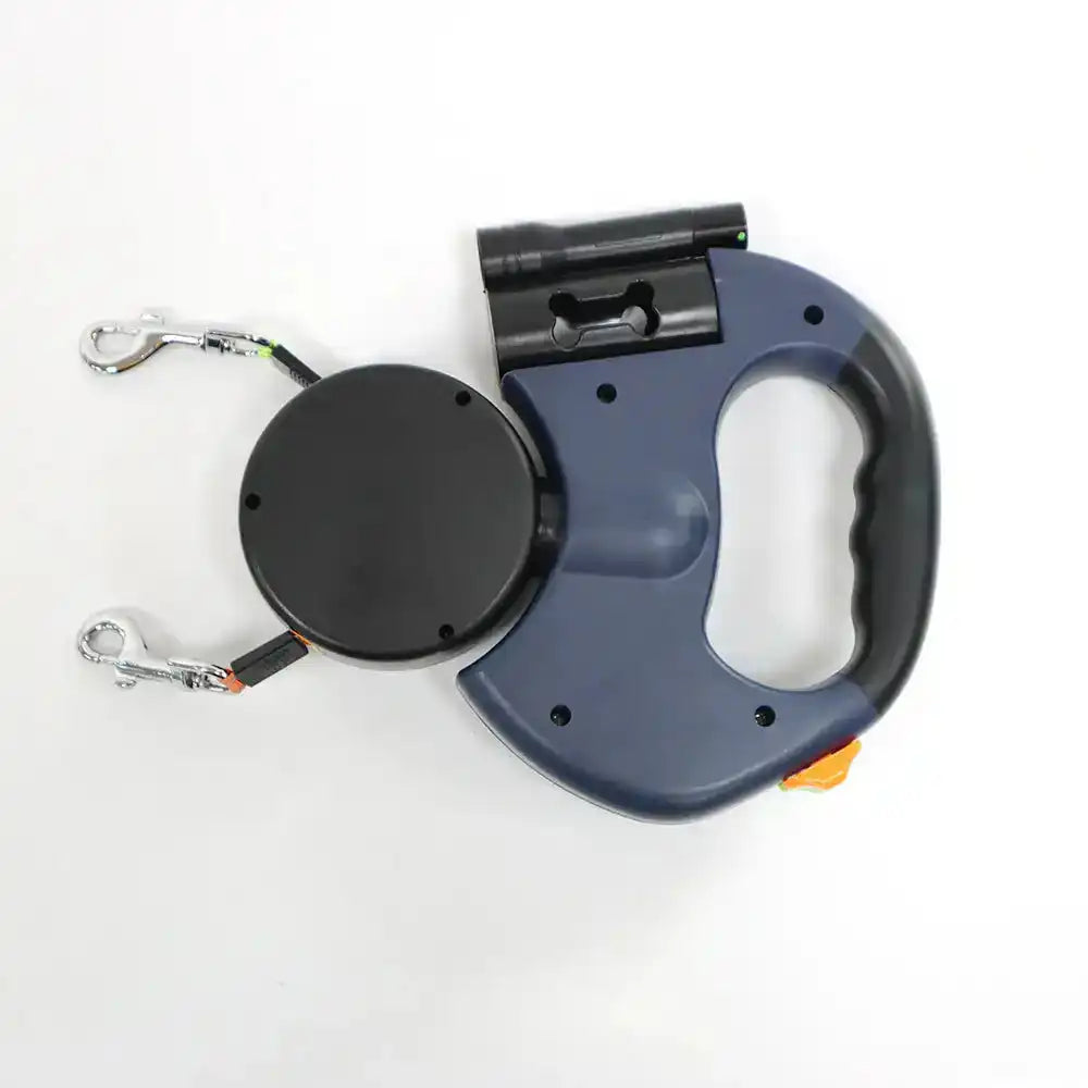 Dual Dog Leash with LED Light - Tangle-Free Swivel in dark blue color, featuring ergonomic handle and dual leash clips.