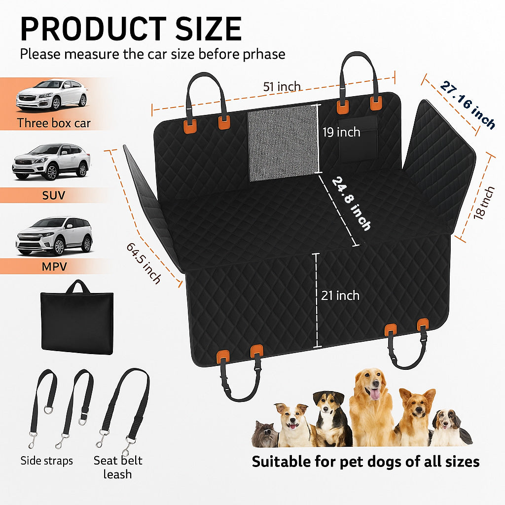 Dog Car Seat Cover, 3 Hard Panels, 400lbs, Waterproof, Backseat Extender, Large Dogs, 600D Heavy Nonslip
