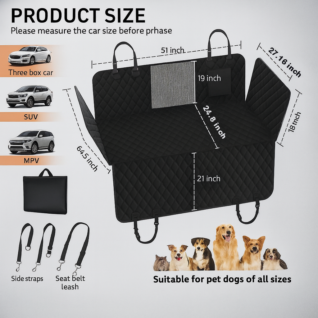 Dog Car Seat Cover, 3 Hard Panels, 400lbs, Waterproof, Backseat Extender, Large Dogs, 600D Heavy Nonslip