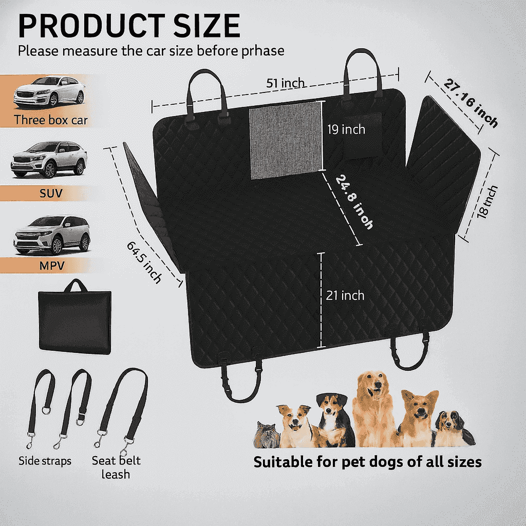 Dog Car Seat Cover, 3 Hard Panels, 400lbs, Waterproof, Backseat Extender, Large Dogs, 600D Heavy Nonslip