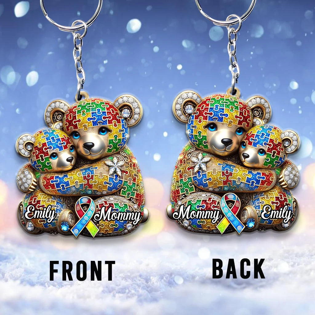 Personalized Mama Bear Autism Awareness Keychain, Custom Acrylic Wood Key Ring, Meaningful Gift for Mom Mother Family Supporter
