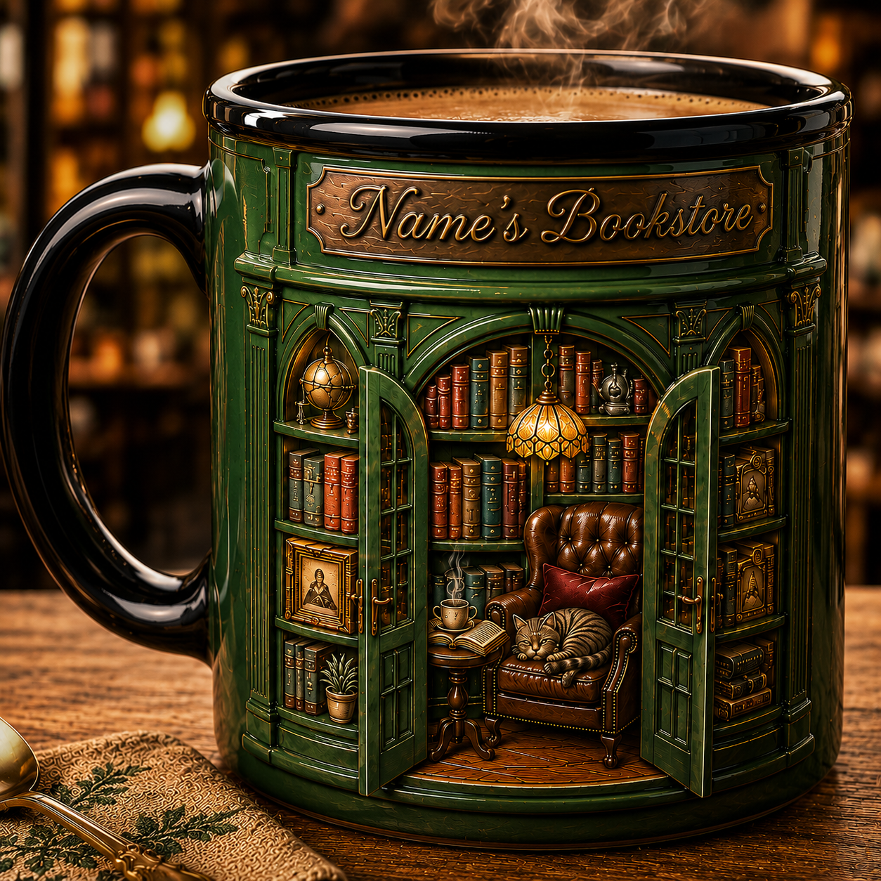 Personalized Bookstore Coffee Mug 3D Effect with Custom Name, Ceramic Book Lover Mug, Cozy Reading Gift for Readers, Librarians, 11oz 15oz
