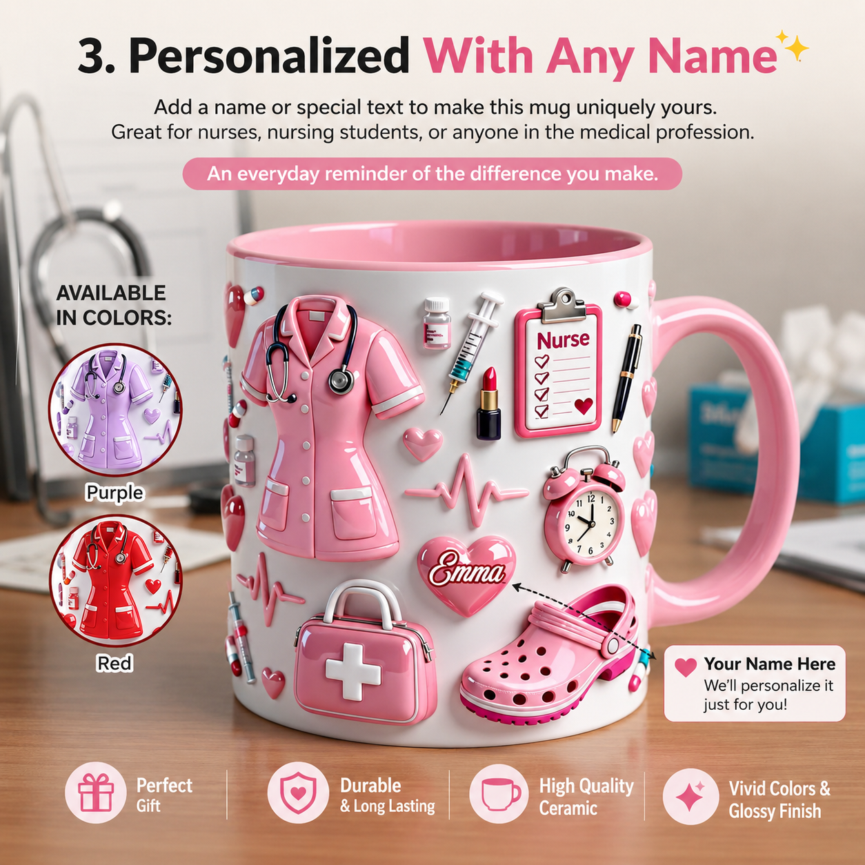 Nurse Life Personalized Accent Mug 3D Effect – Custom Name Nurse Coffee Mug Gift for Nurses, RNs & Healthcare Heroes