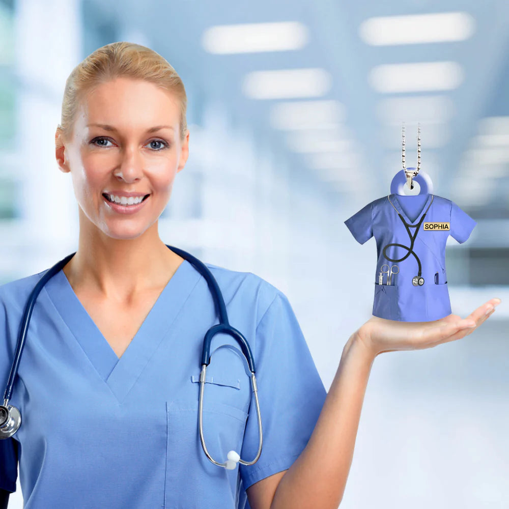 Personalized Nurse Scrubs 3D Effect Car Ornament with Name, Custom RN Uniform Hanging Charm, Gift for Registered Nurse Nursing Student