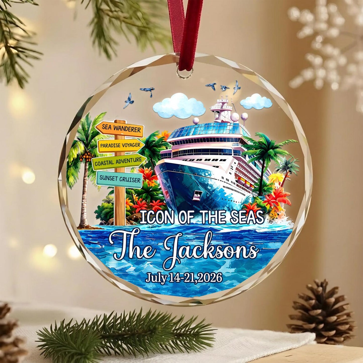 Personalized Cruise Travel Ornament, Custom Family Vacation Glass Christmas Keepsake, Cruise Ship Gift for Travelers Couples Family