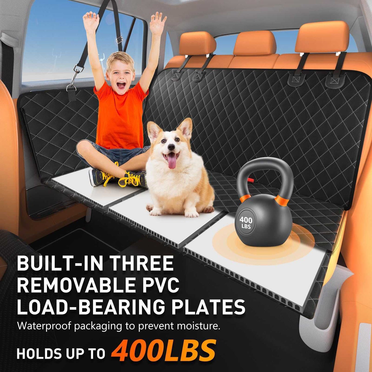 Dog Car Seat Cover, 3 Hard Panels, 400lbs, Waterproof, Backseat Extender, Large Dogs, 600D Heavy Nonslip
