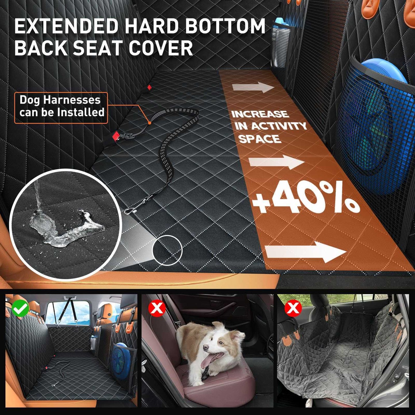 Dog Car Seat Cover, 3 Hard Panels, 400lbs, Waterproof, Backseat Extender, Large Dogs, 600D Heavy Nonslip