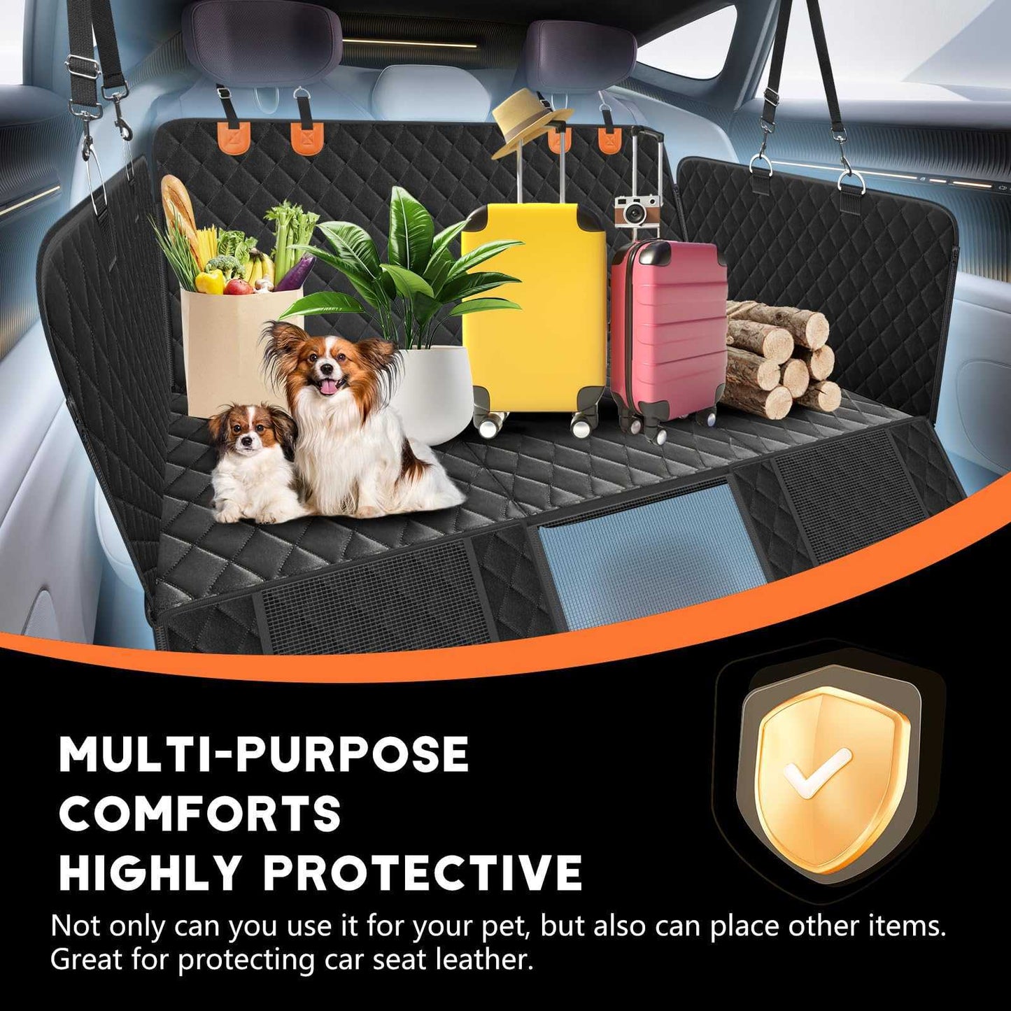 Dog Car Seat Cover, 3 Hard Panels, 400lbs, Waterproof, Backseat Extender, Large Dogs, 600D Heavy Nonslip