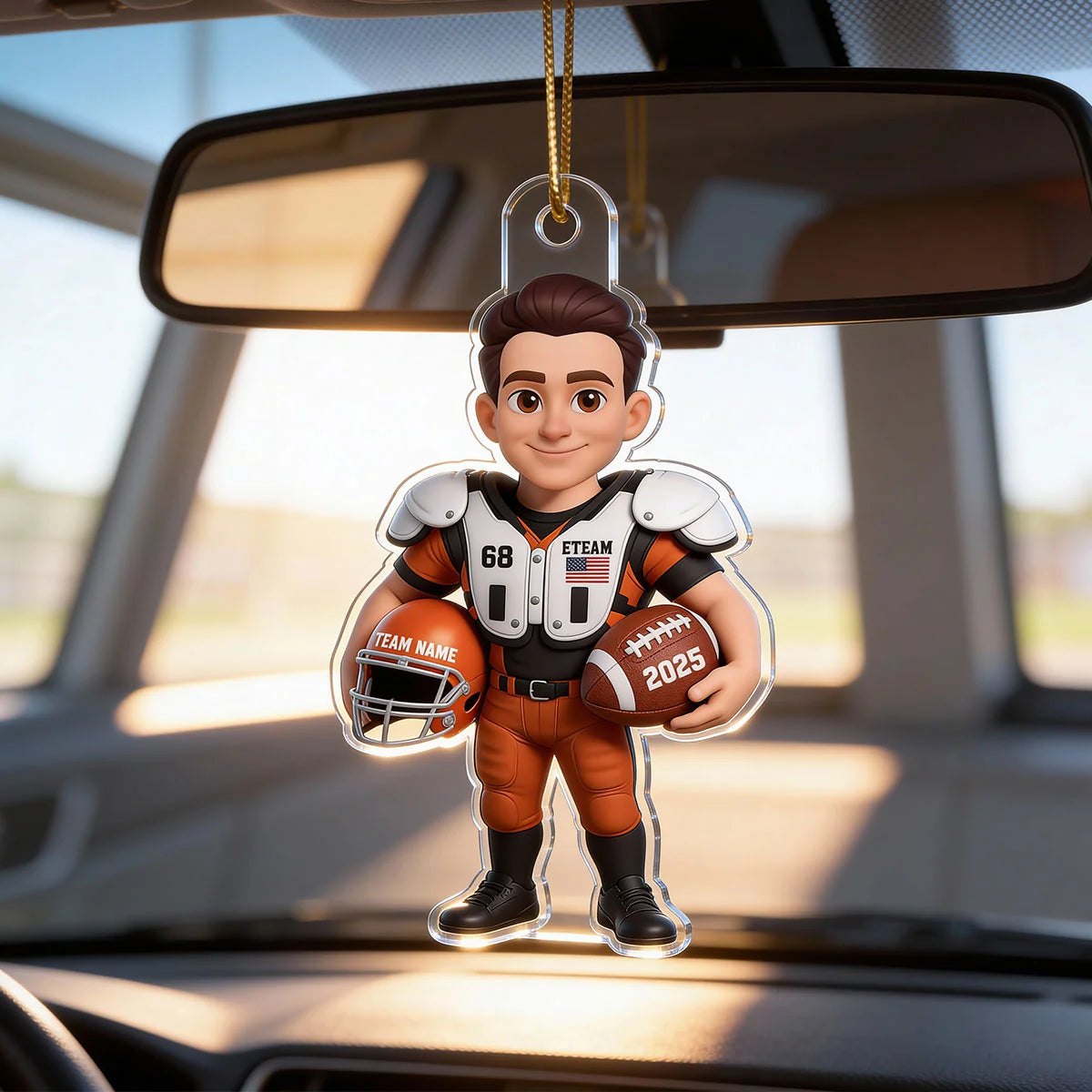 Personalized American Football Player Car Ornament, 3D Effect Acrylic Hanger, Gift for Football Lover Son Grandson Husband Dad