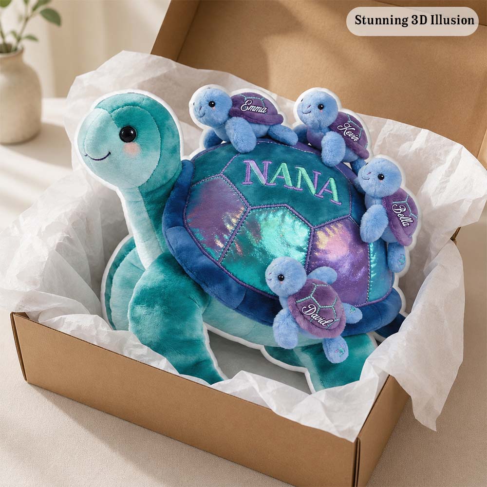 Personalized Nana Turtle Faux Fur Shaped Pillow, Custom Grandma Pillow with Family Design, Gift for Mom Grandma Nana from Grandkids