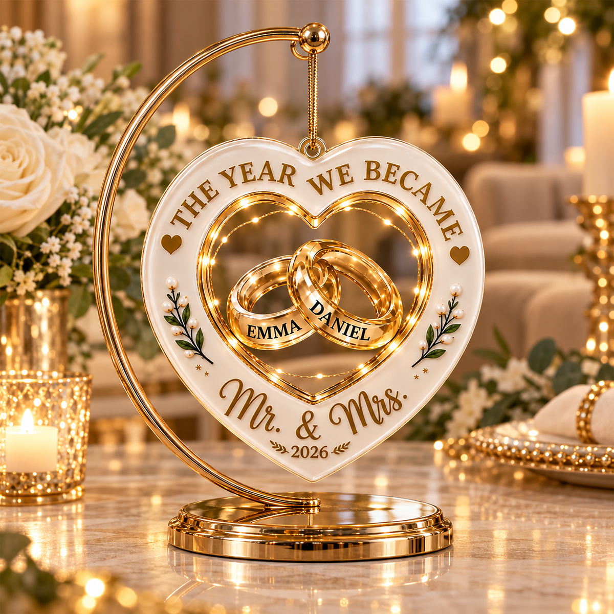 Personalized Newlywed 3D Effect Christmas Ornament – Custom Name First Christmas as Mr & Mrs Gift for Couples