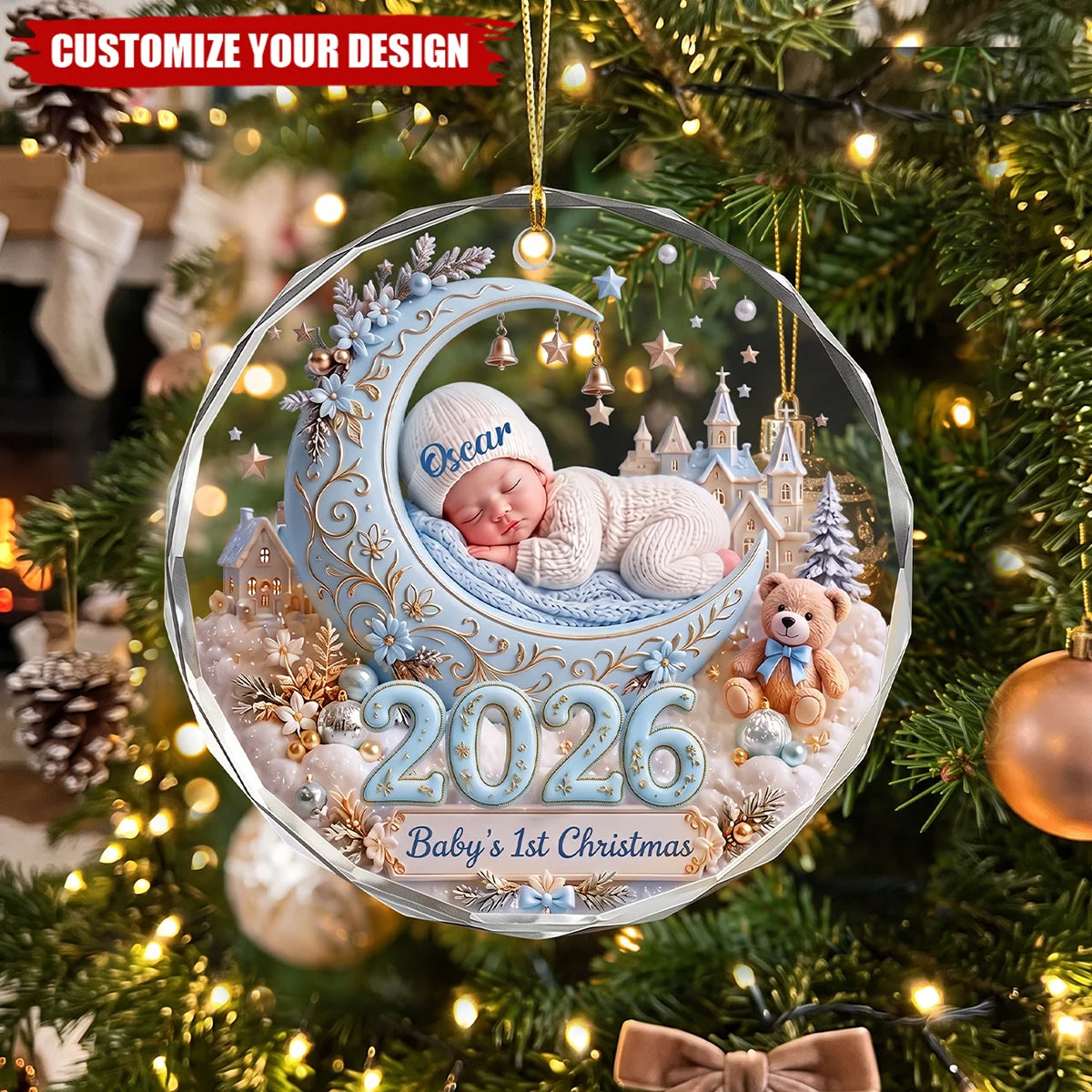 Personalized Baby First Christmas Crystal Ornament with Name, Custom 2026 Sleeping Baby Moon Keepsake, Newborn Gift for Parents Grandparents
