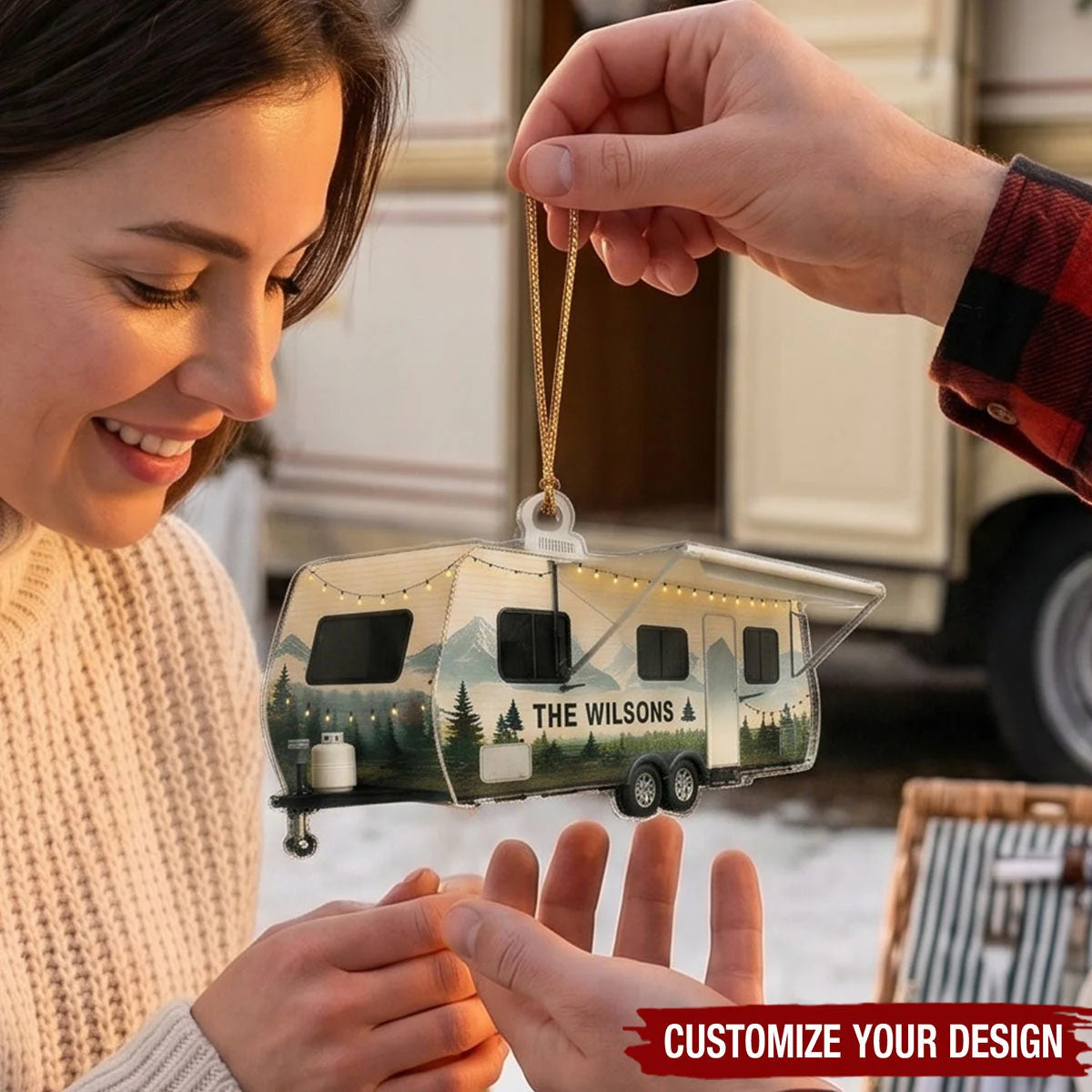 Personalized Camping Trailer Christmas Ornament, Custom RV Family Acrylic Keepsake, Gift for Camper Couple Parents Grandparents Travelers