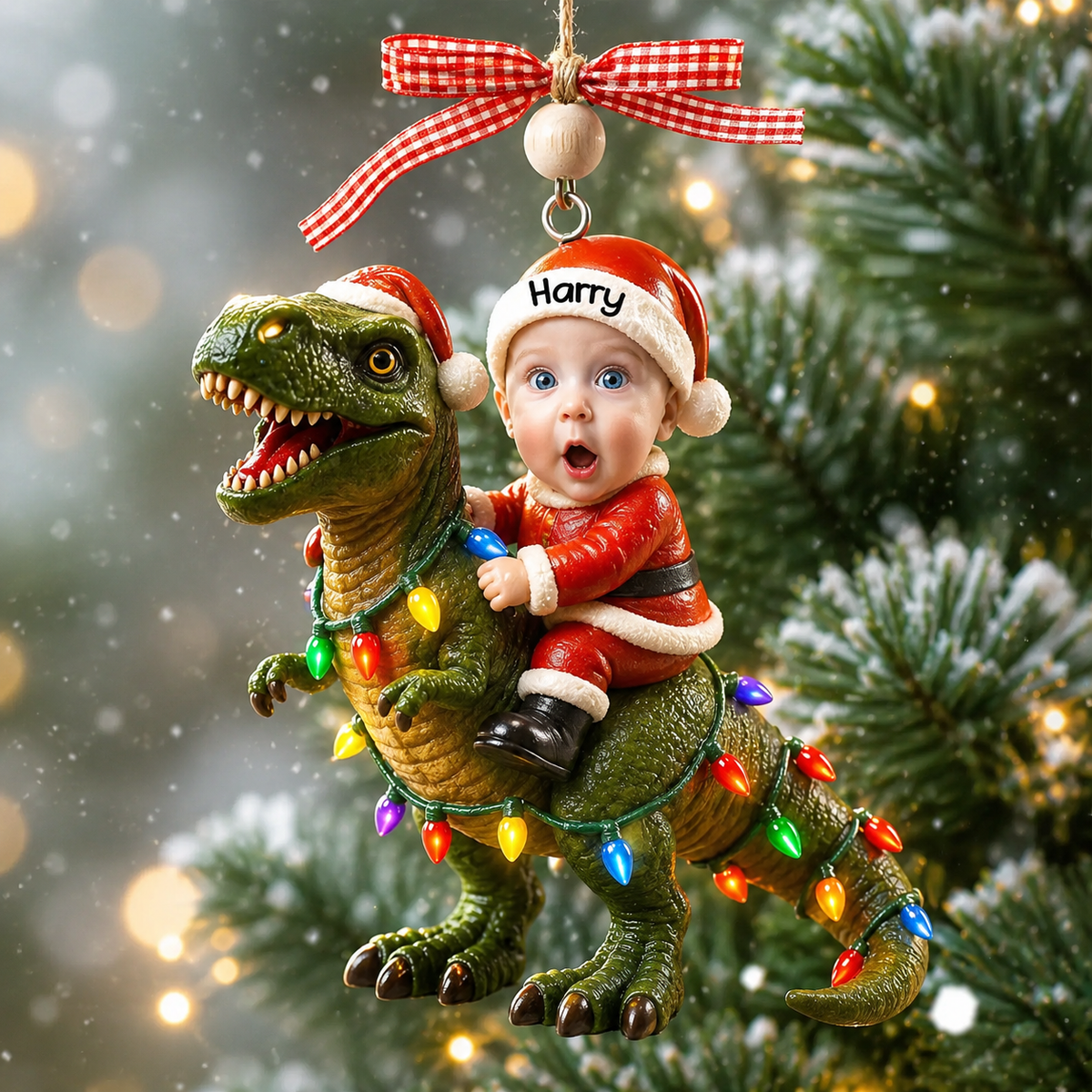 Custom Photo Santa 3D Effect Riding Dinosaur Ornament, Personalized Kid Christmas Ornament, Acrylic T-Rex Christmas Tree Decoration Gift