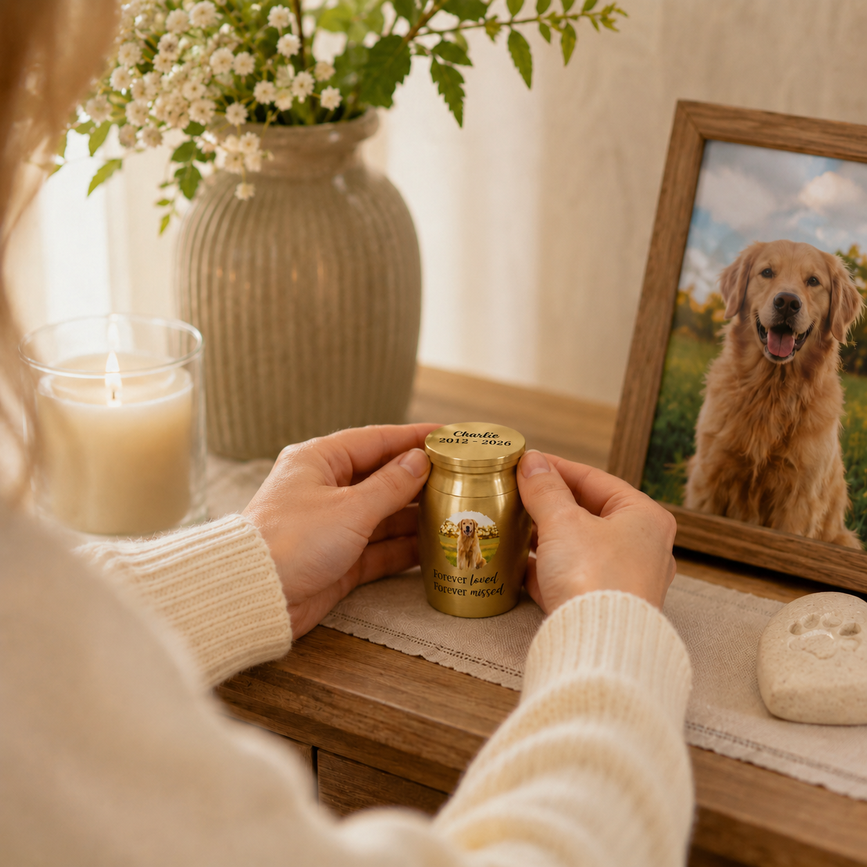 Photo Mini Urn for Loss of Dog/Cat – Personalized Pet Memorial Keepsake Urn with Picture, Name & Years