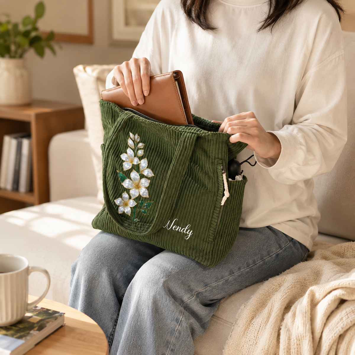 Personalized Birth Flower Tote Bag, Custom Name Corduroy Handbag with Mother of Pearl Floral Design, Birthday Gift for Women Mom