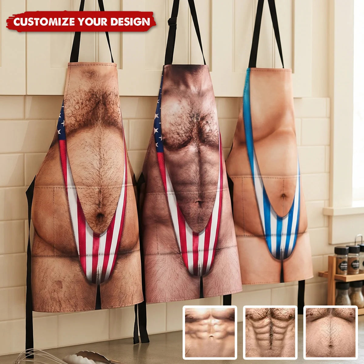 Personalized Funny Hairy Body BBQ Apron, 3D Effect Grill Master Cooking Apron, Gag Gift for Husband Dad Boyfriend Brother