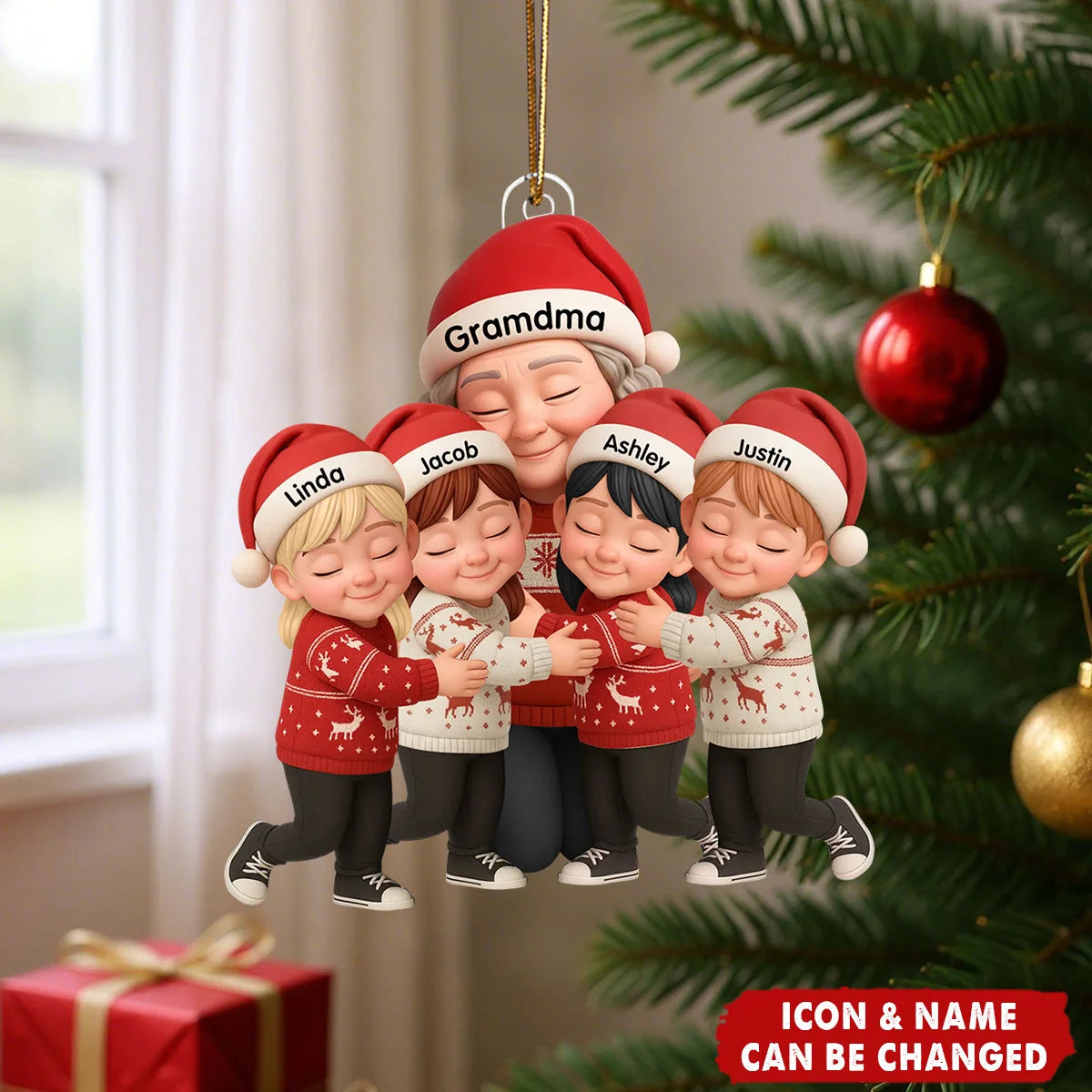 Personalized Grandma Grandkids Christmas Ornament, Custom Hugging Family Acrylic Keepsake, Heartwarming Gift for Grandma Nana Grandchildren