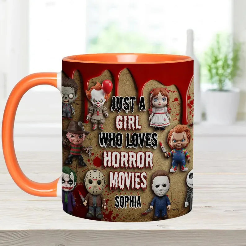 Personalized Horror Movie 3D Effect Accent Mug, Just A Girl Who Loves Horror Movies Ceramic Coffee Cup, Halloween Gift for Horror Fan Women
