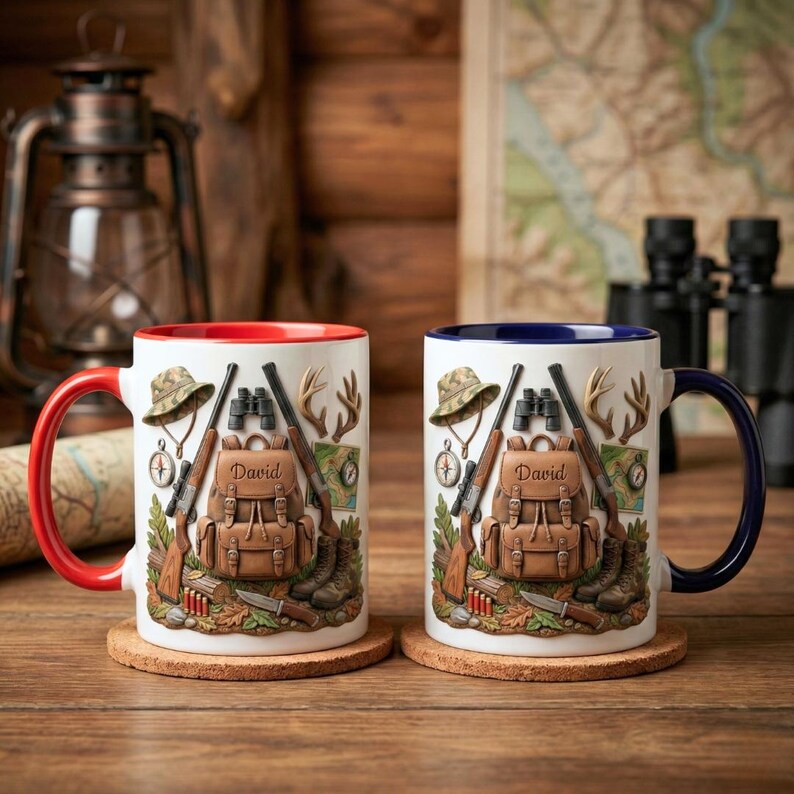 Personalized Hunting Mug with Name, Custom Hunter Ceramic Coffee Cup, Nature Lover Gift for Dad Grandpa Husband, Father’s Day Gift