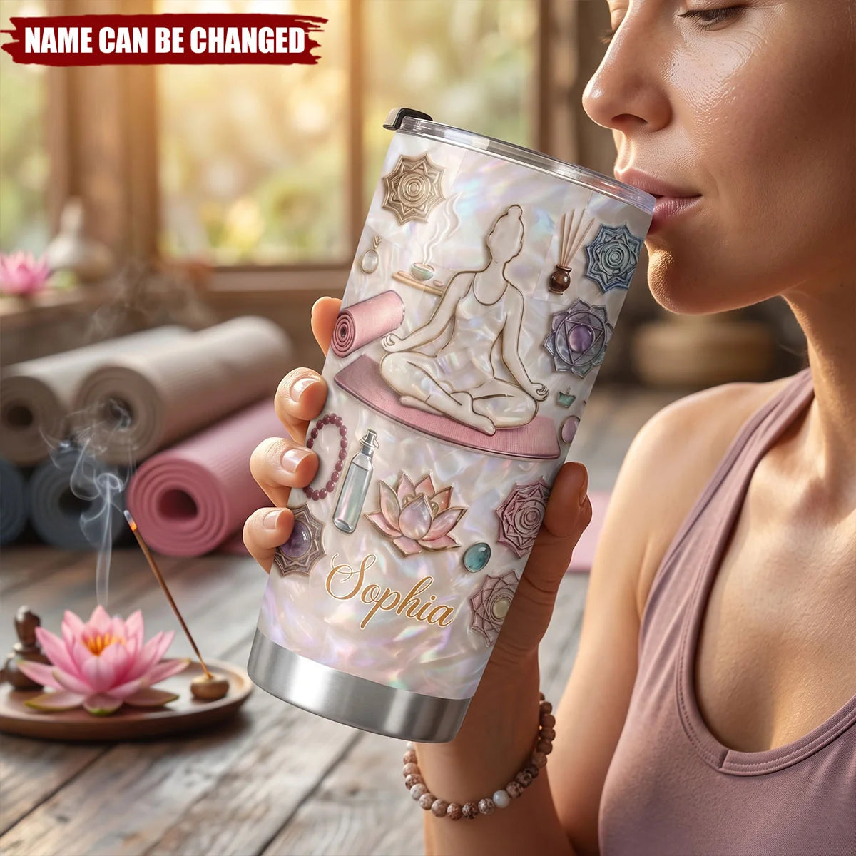 Personalized Yoga Tumbler with Name, Inner Peace Woman 20oz 30oz Stainless Steel Insulated Cup, Gift for Yoga Lover Women Yogi Instructor