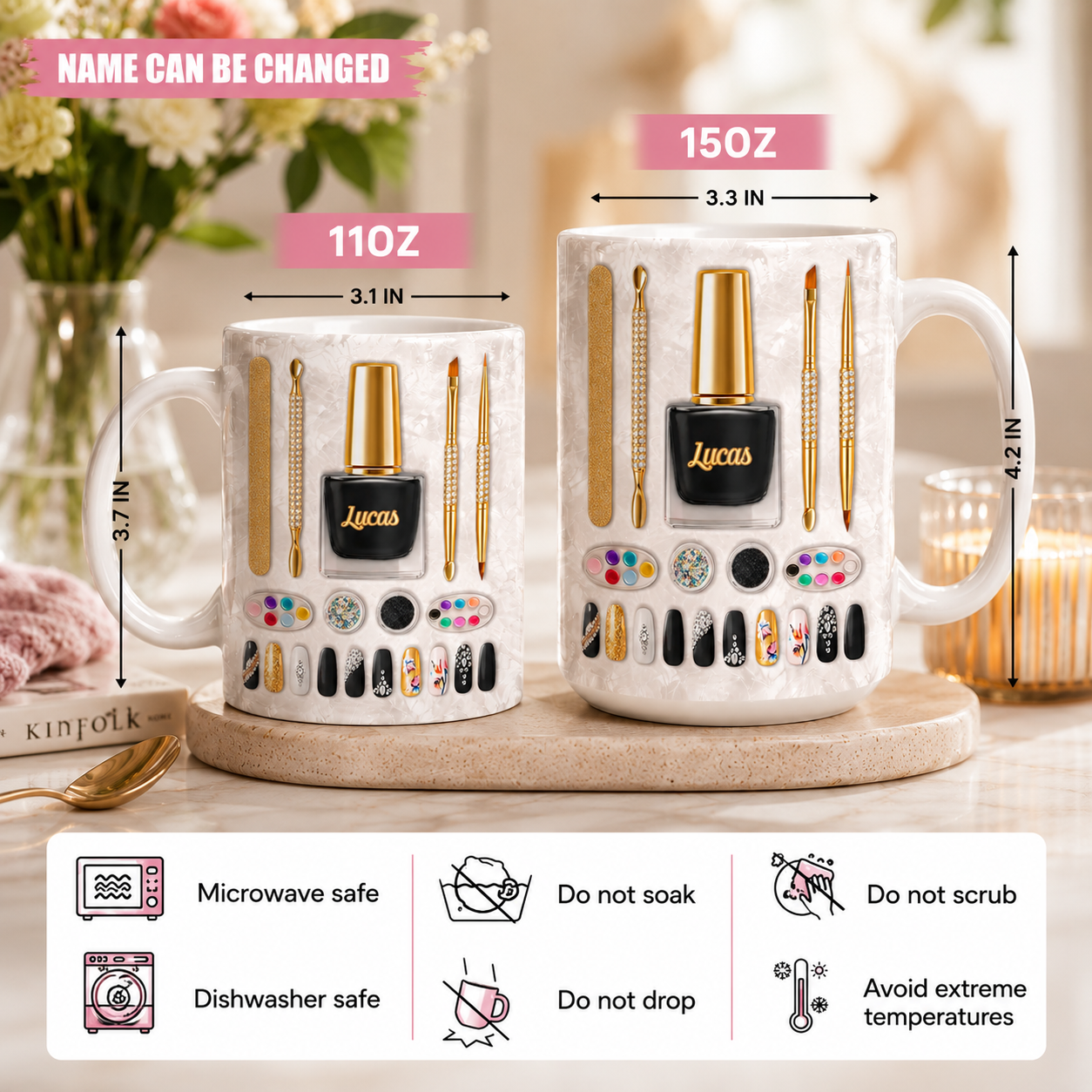Custom Name Nail Tech Mug – 3D Effect Personalized Gift for Her