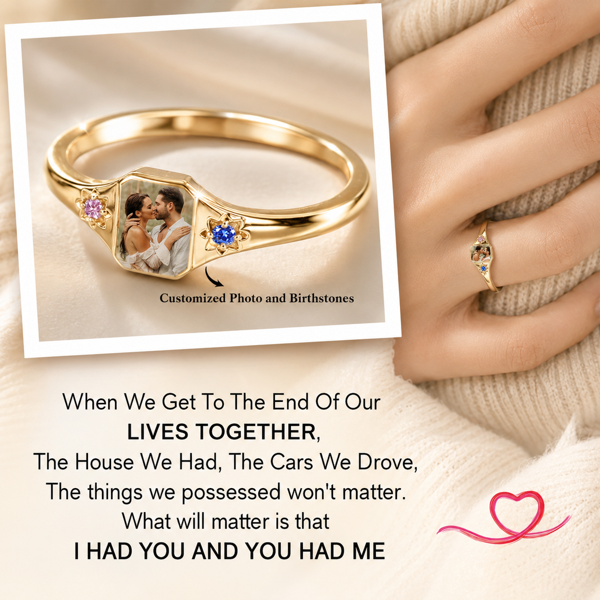 Personalized Photo Birthstone Ring, Custom Picture Ring with 2 Birthstones, Memorial Family Couple Jewelry Gift for Women