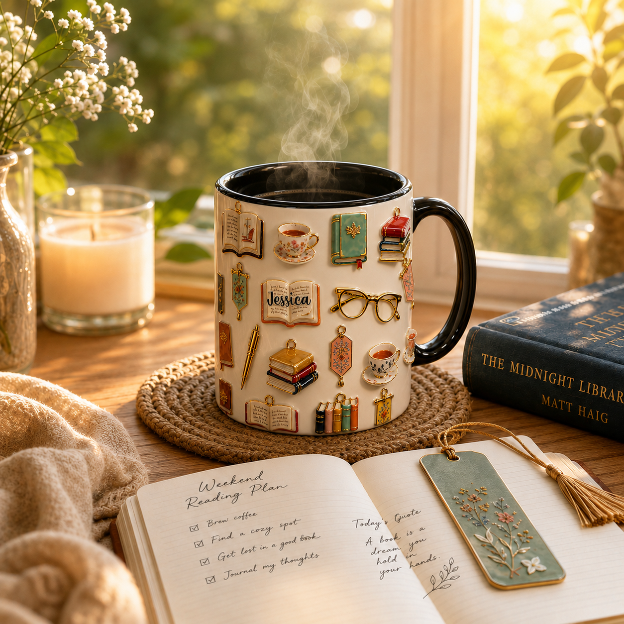 Personalized Book Lover Accent Mug 3D Effect with Custom Name, Ceramic Coffee Mug for Readers, Bookworm Gift for Women, 11oz 15oz