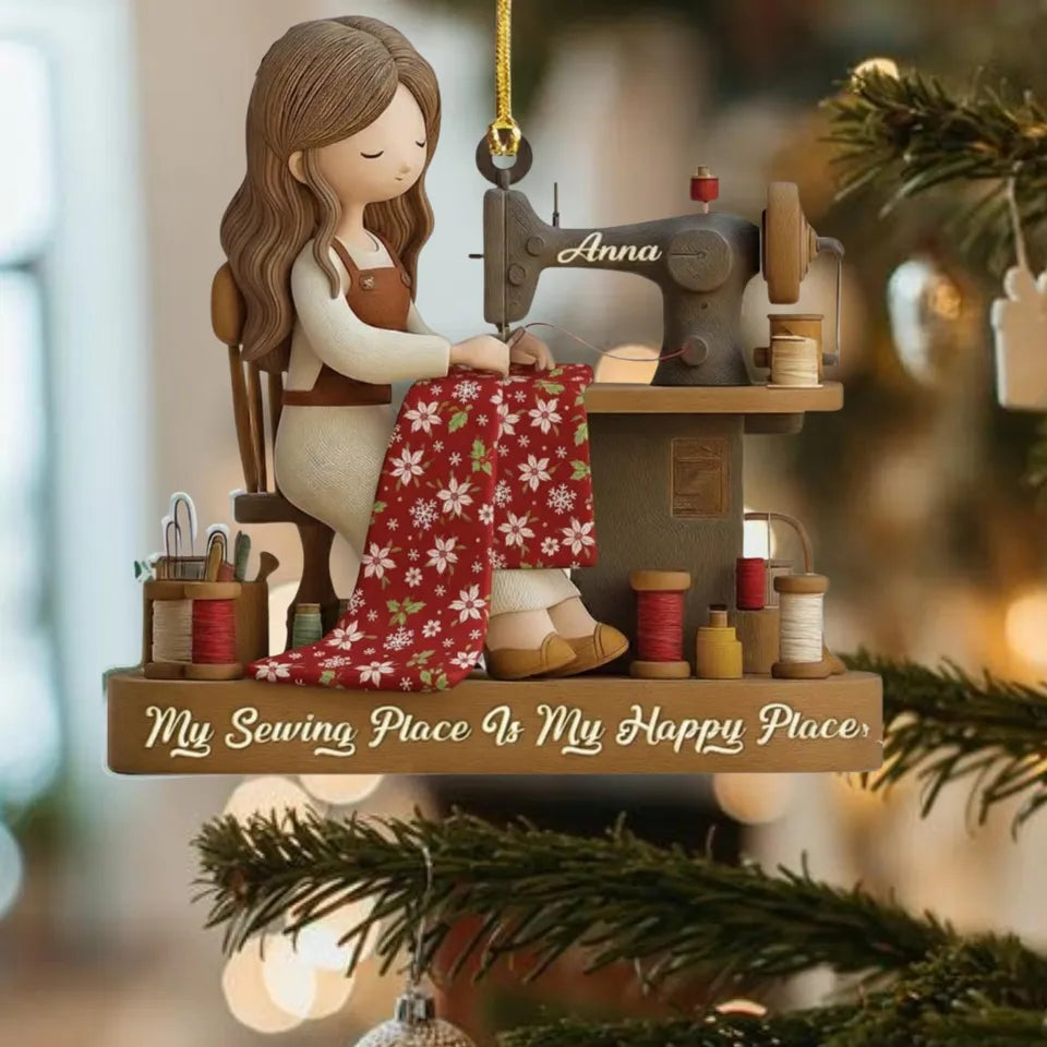 Personalized Sewing Girl Christmas Ornament, My Sewing Space Is My Happy Place Acrylic Keepsake, Gift for Quilter Seamstress Sewing Lover