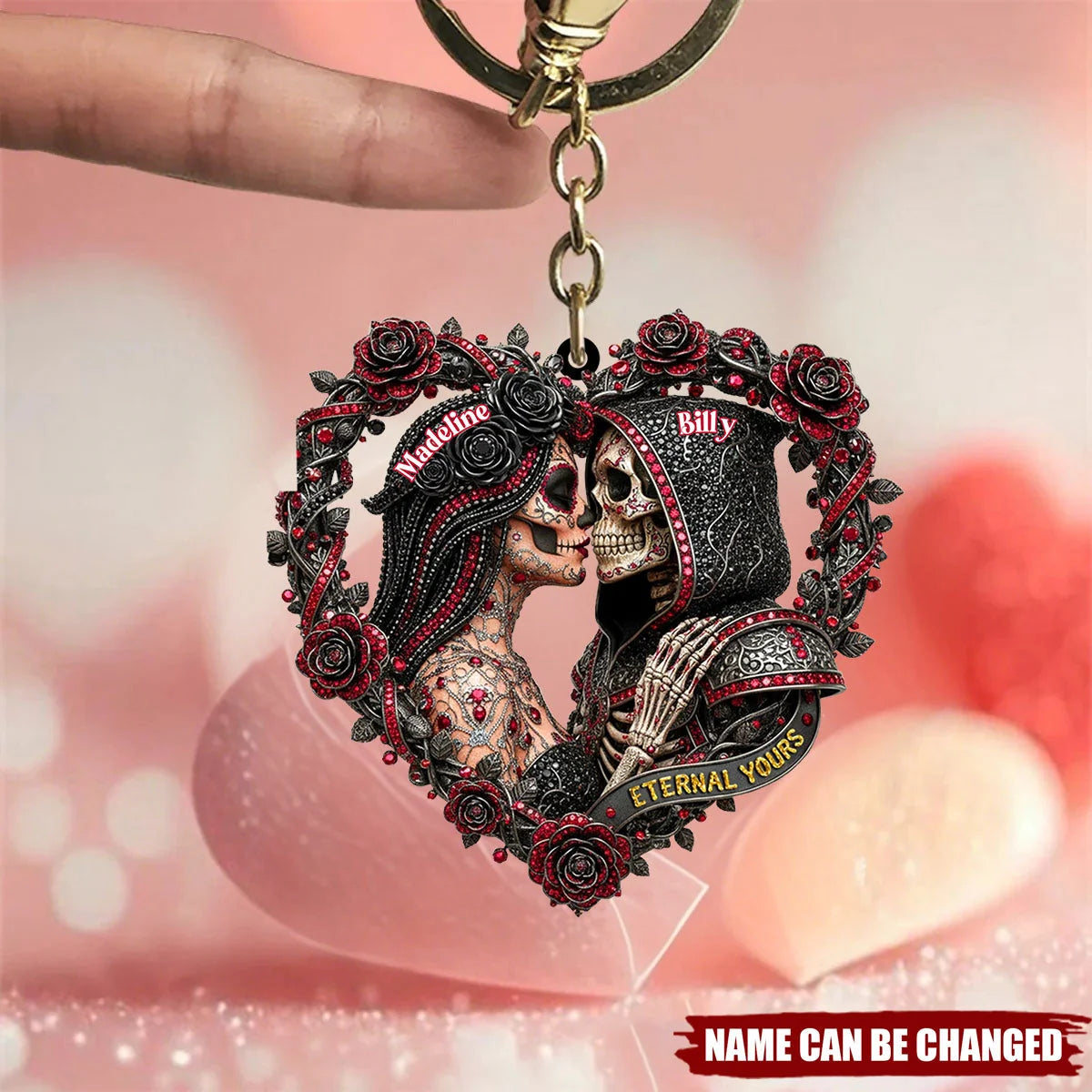 Personalized Skull Couple 3D Effect Keychain, Custom Gothic Couple Key Ring, Romantic Gift for Husband Wife Boyfriend Girlfriend