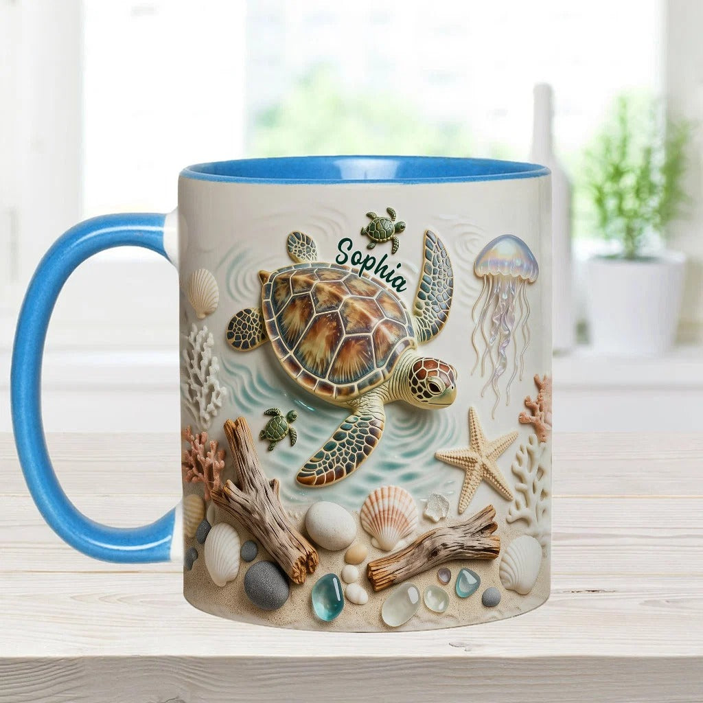 Personalized Turtle Accent Mug and Coaster, Custom Sea Turtle Ceramic Coffee Mug, Gift for Turtle Lover Women Men