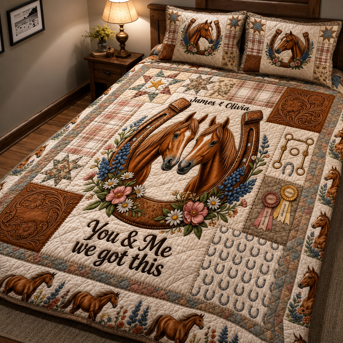 Personalized Horse Quilt Set, Custom Horse Lover Bedding Set, You & Me We Got This Quilt with Names