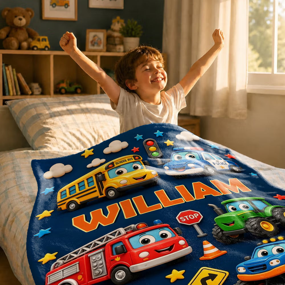Personalized Woodland Animal Truck Blanket with Name, Cute Cartoon Kids Throw Blanket, Custom Birthday Gift for Boy Girl Nursery Room Decor