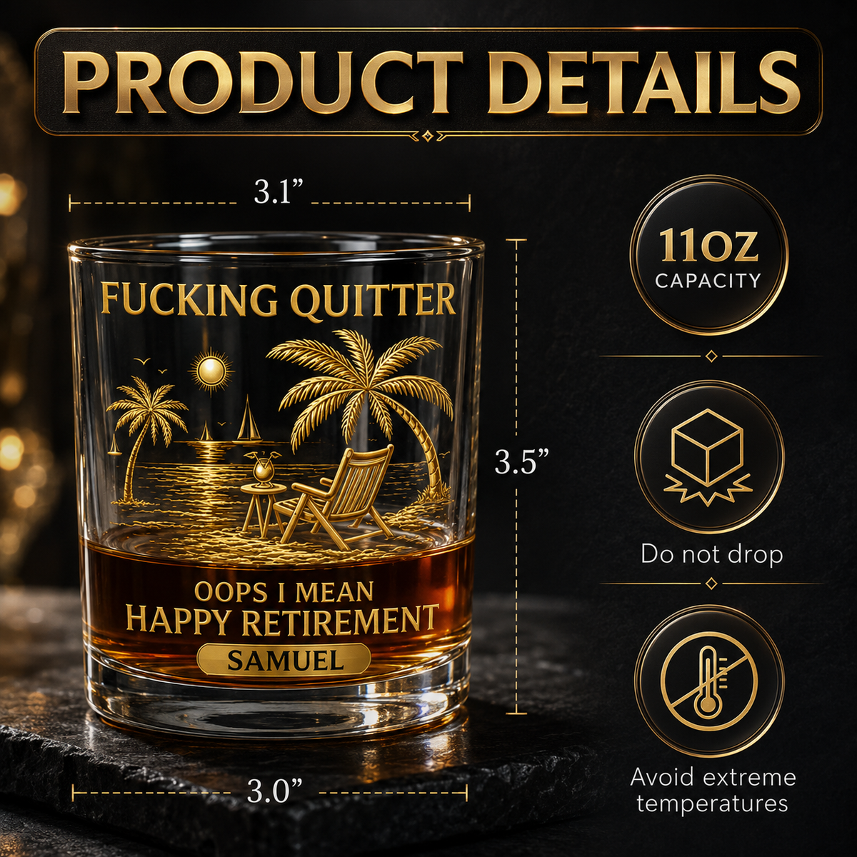 F*cking Quitter Oops 3D Effect I Mean Happy Retirement Whiskey Glass, Funny Retirement Whiskey Glass, Personalized Retirement Gift