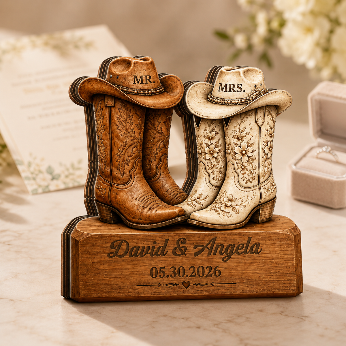 Personalized 3D Effect Cowboy Boots Wooden Plaque, Custom Western Wedding Gift, Mr & Mrs Rustic Country Couple Decor