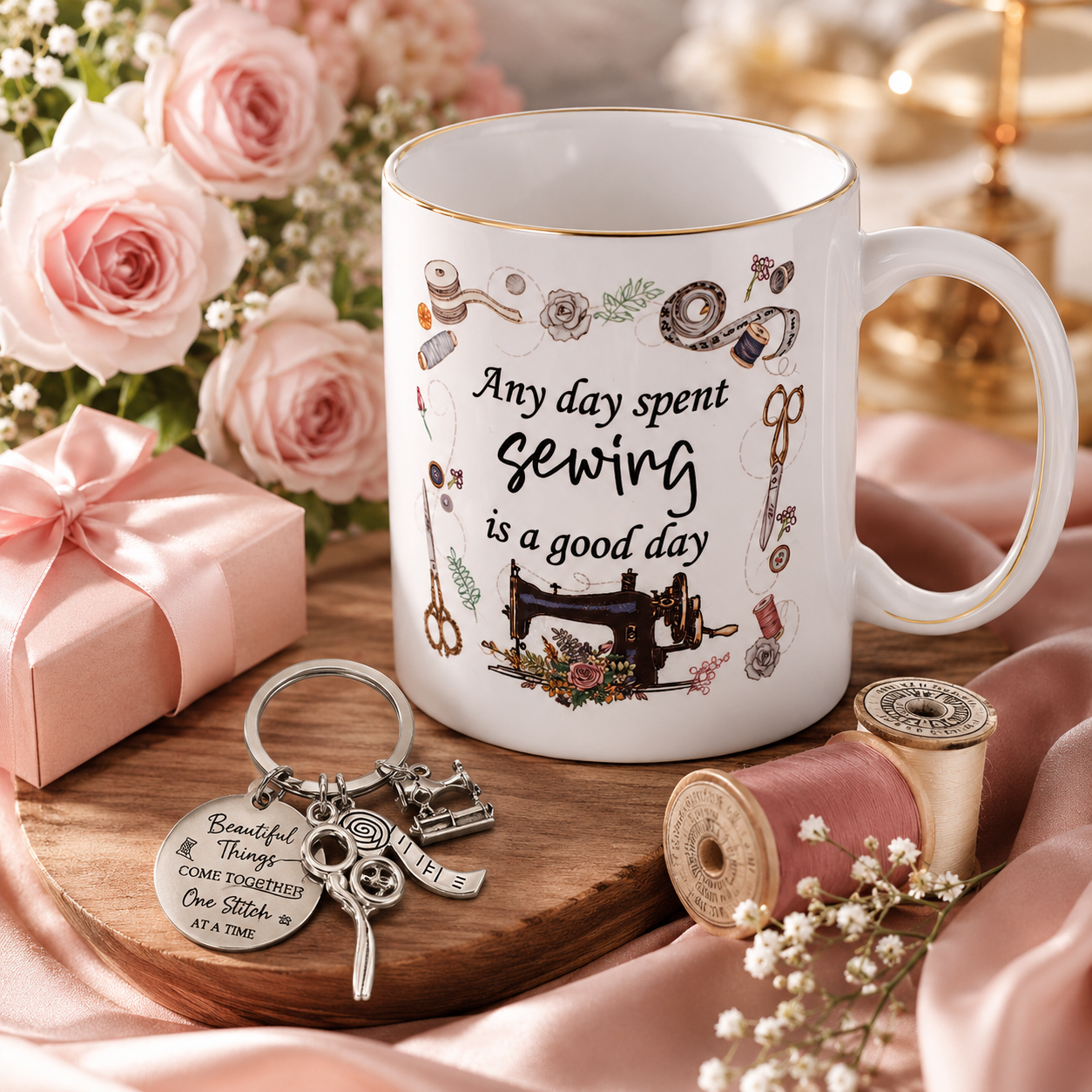 3-teiliges Nähgeschenkset für Frauen – Tasse, Kosmetiktasche & Schlüsselanhänger