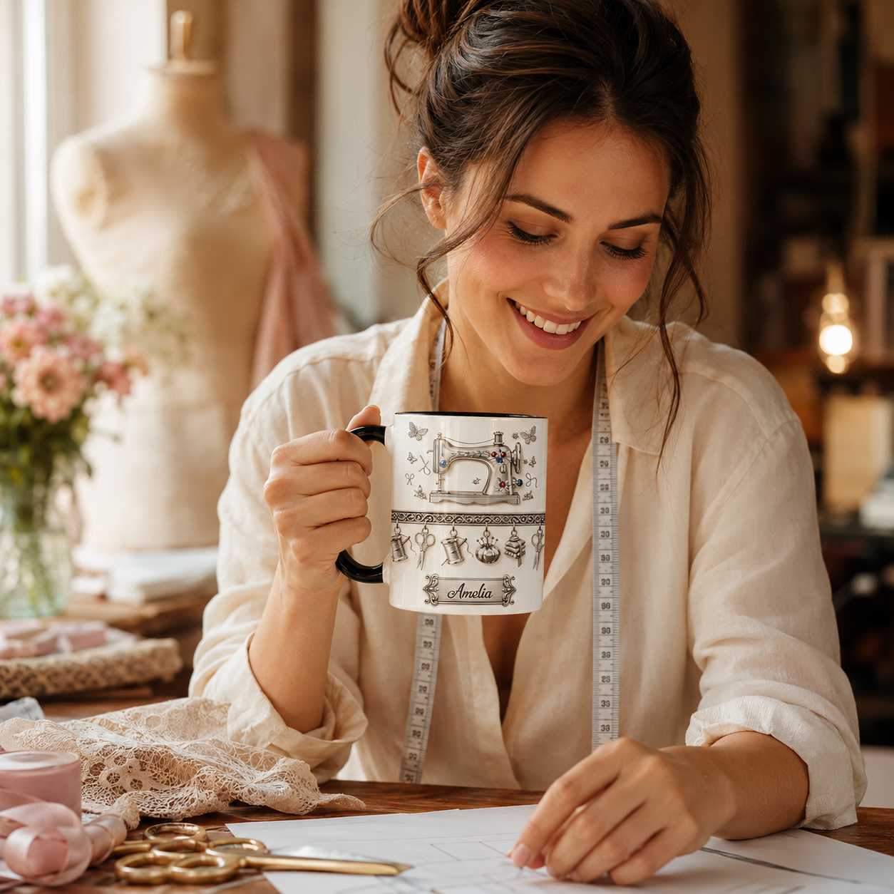 Personalisierte Nähmaschinen-Tasse – Geschenk für sie mit 3D-Effekt