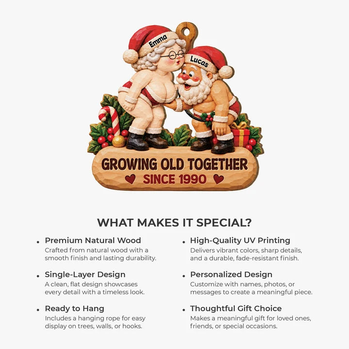 Personalized Growing Old Together Santa Couple Wooden Ornament, Custom Names Christmas Keepsake, Gift for Husband Wife Grandparents Couples
