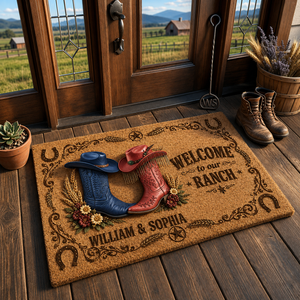 Welcome To Our Ranch Personalized Doormat, Custom Western Cowboy Cowgirl Door Mat, Rustic Farmhouse Entry Rug, Country Couple Housewarming Gift