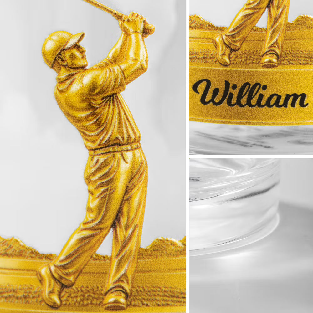 Personalised Golf Swing Character Name 10 oz Rock Old Fashioned Whisky Glass Father's Day Birthday Gift for Man Golf Lover
