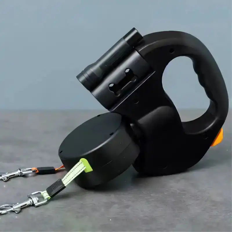 Black Dual Dog Leash with LED Light - Tangle-Free Swivel shown with reflective leash and 360° rotating mechanism.