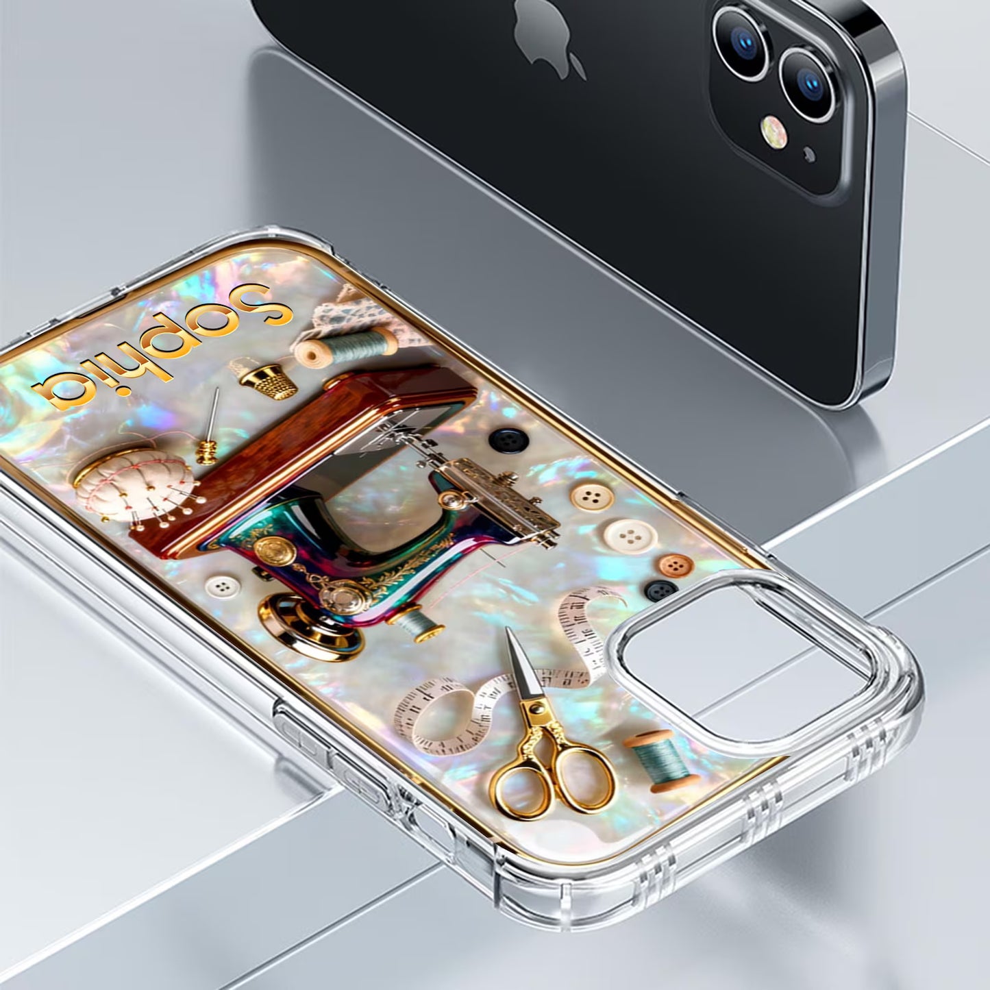 Pearlescent 3D Effect Sewing Lover Phone Case, Personalized Sewing Phone Cover Gifts For Mom, Custom Name Phone Case Sewing for IPHONE