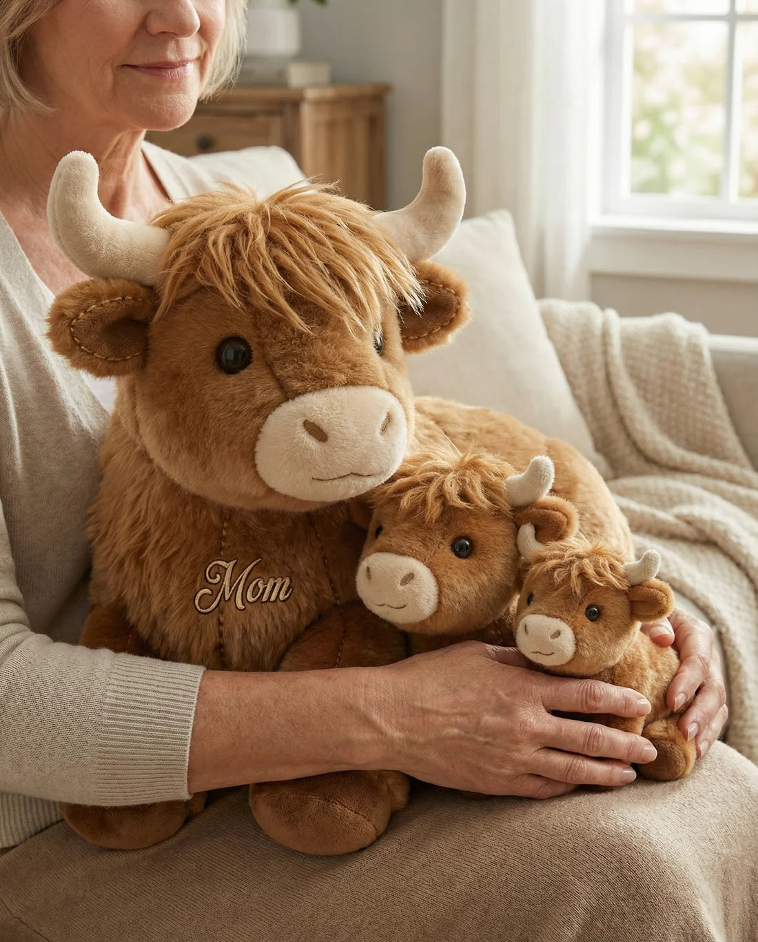Personalized Cute Highland Cow Mama & Baby Faux Fur Shaped Pillow – Custom Name Mother’s Day Gift Throw Pillow for Home & Nursery Decor