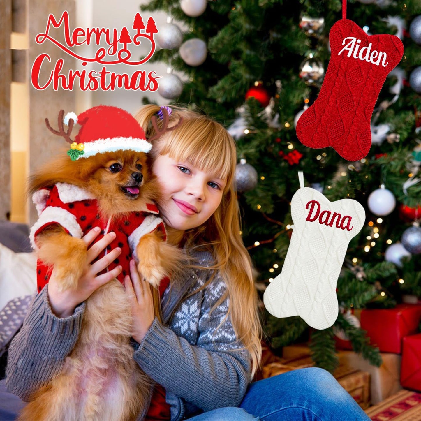 Personalized Christmas Stocking for Dogs & Cats – Large Bone Shape Pet Stocking, Custom Name, Hanging Holiday Decor
