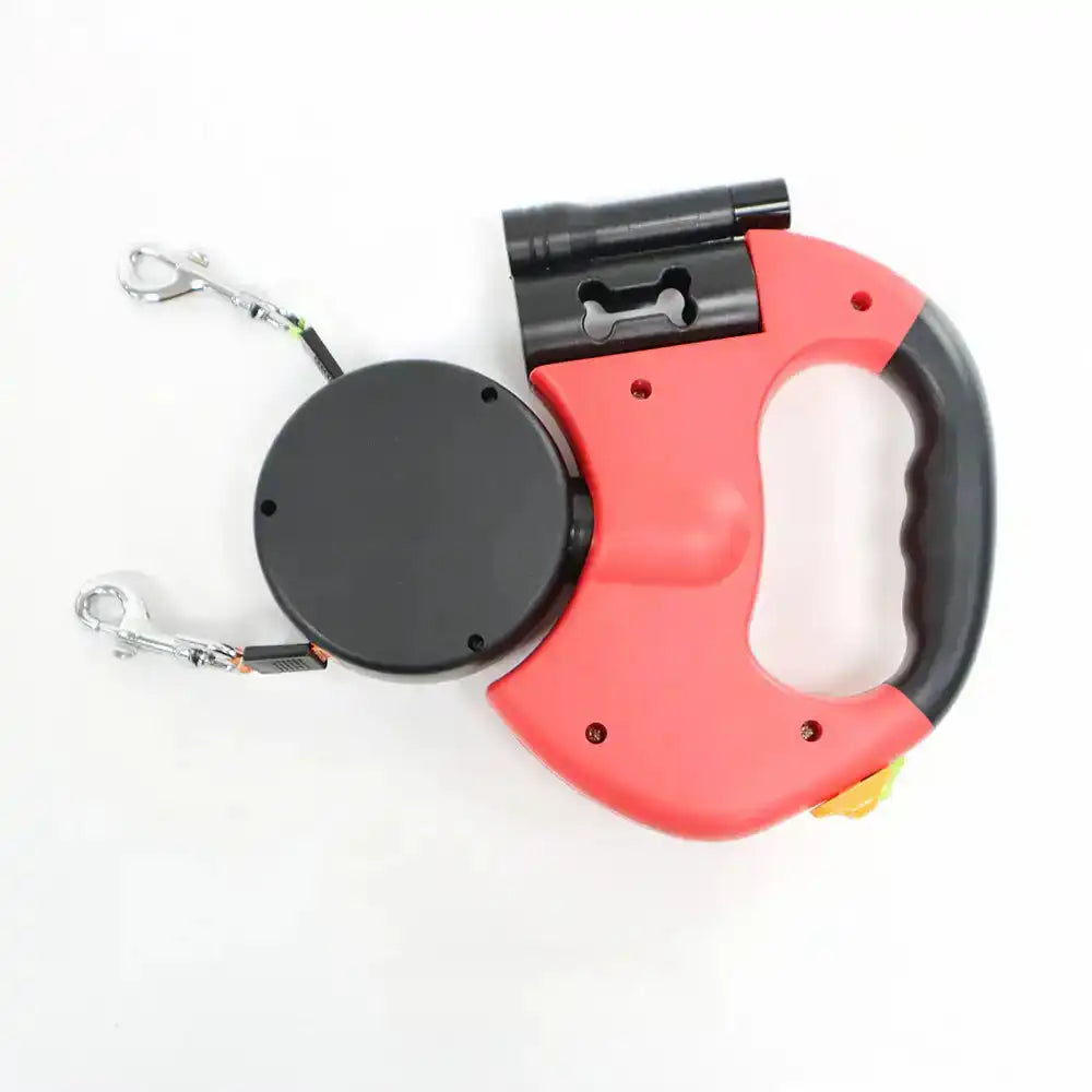 Red version of Dual Dog Leash with LED Light - Tangle-Free Swivel, designed for walking two dogs with ease and safety.