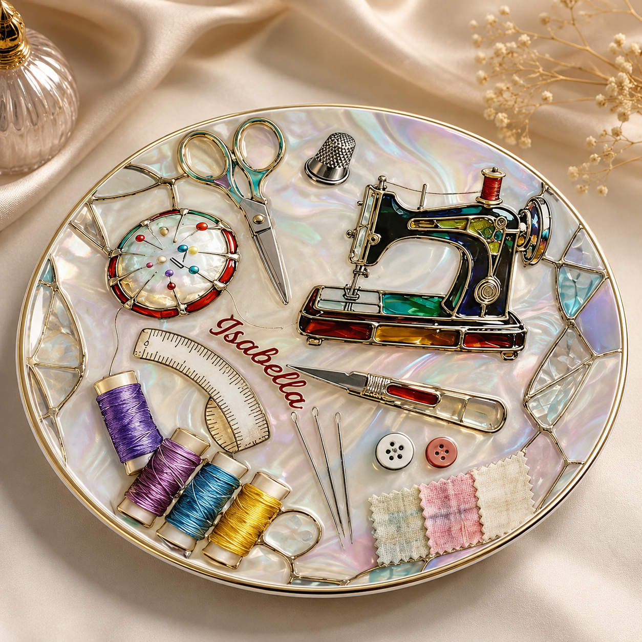 Personalized Round Sewing Jewelry Dish – Custom Ceramic Ring Dish with Name, Seamstress Gift, Quilter Gift