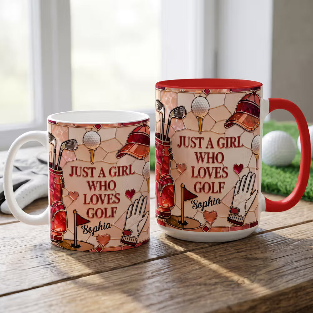 Personalised Multicolor Just A Girl Who Loves Golf 11 oz 15 oz Ceramic Mug with Name Daily Use Birthday Gift for Golf Lovers